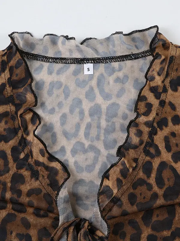 Women's Leopard Print Tie Front T-shirt, Fashion Casual Long Sleeve Top for Daily Outdoor Wear, Women Clothing for Summer, Summer Tops 4