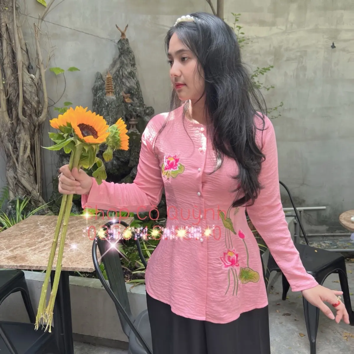 ÁO BÀ BA TẰM ƯỚT THÊU SEN Nữ Women Top Shirt Cổ Tròn