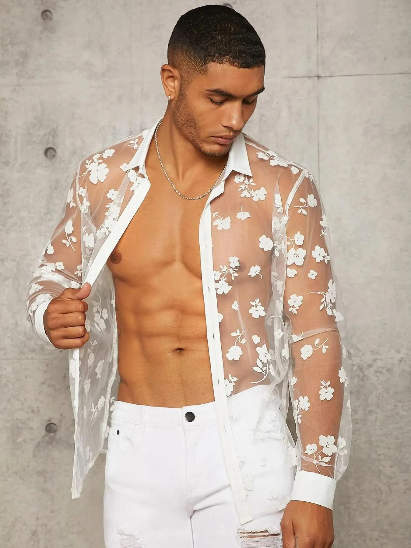 Men's Floral Print Sheer Tulle Shirt, Regular Fit Long Sleeve Top for Summer, Fashion Chic Men's Clothes for Daily Wear