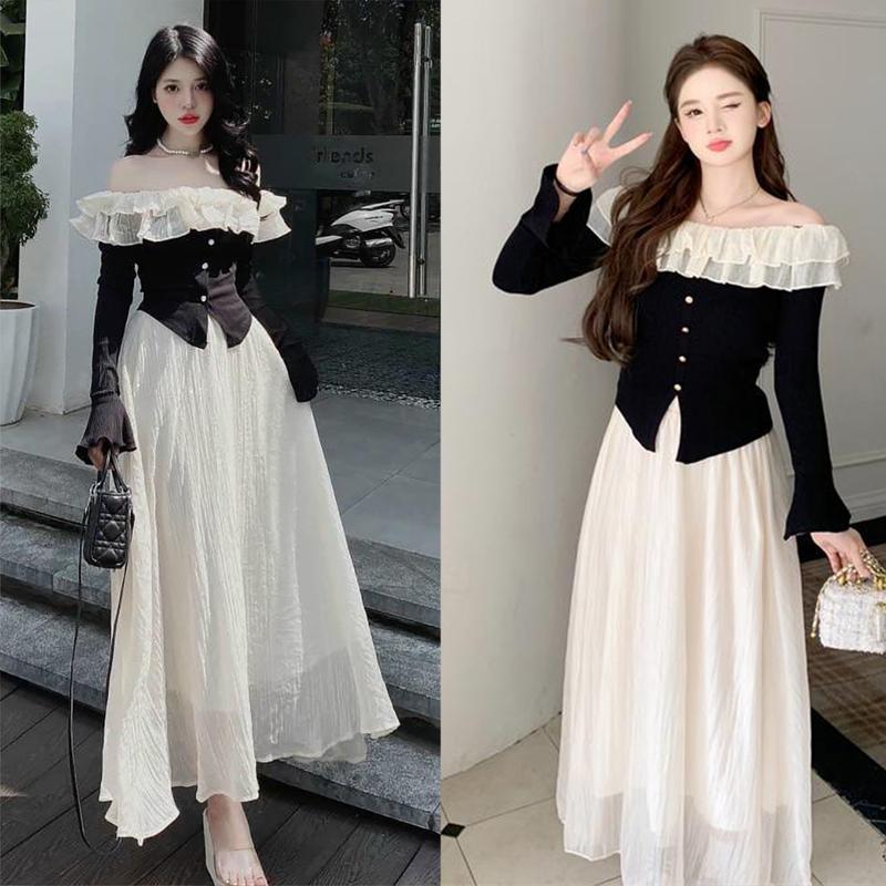 Set áo trễ vai len tăm phối bèo kết hợp chân váy tơ 2 lớp nhẹ nhàng xinh xắn TT103, Set đầm Nữ dự tiệc Top Kem Quần