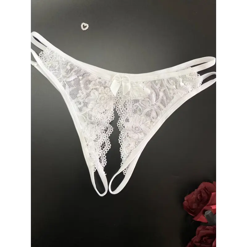 Sexy Sheer Lace Thong Panties for Women - Open Crotch, No-Show Design with Bow Detail, Breathable Polyester & Spandex Blend