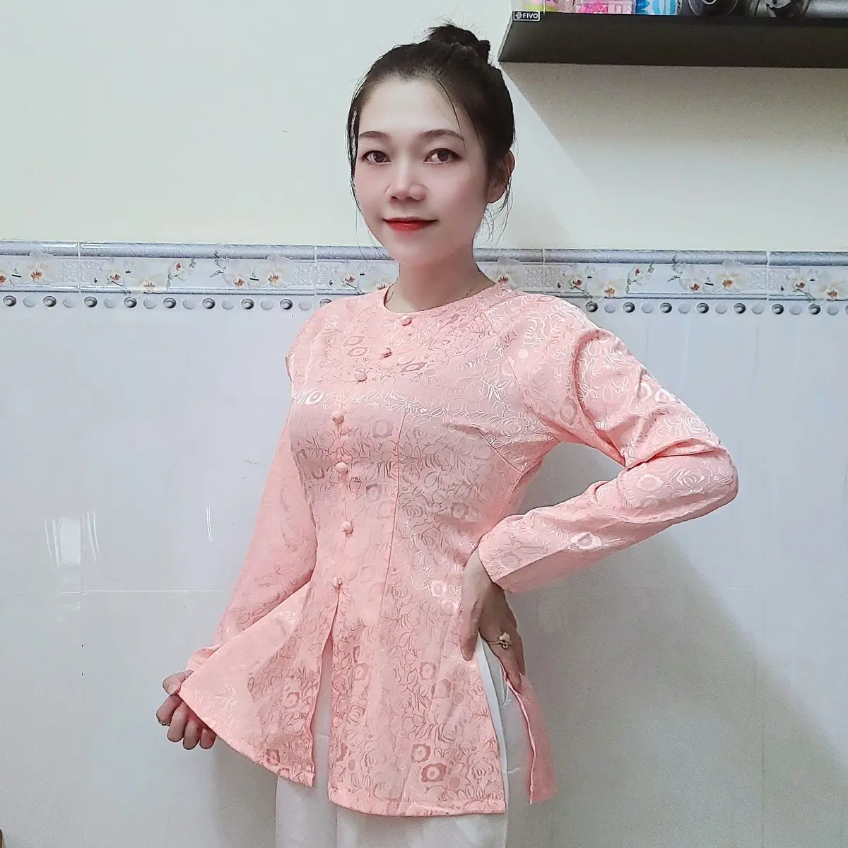 Áo bà ba gấm hoa đồng tiền(không kèm quần) cổ tròn, dây kéo - Nữ Top Kem Women Sơ Mi Voan đồ lam Voi Shirt Dress Sen [G8]