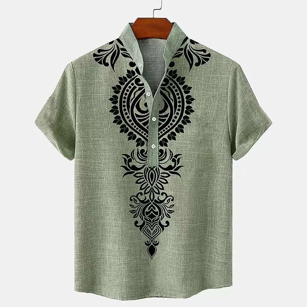 Linen Men's Tribal Totem Short Sleeve Shirt Half Cardigan Button Stand Collar New Men's T-Shirt Shirt Linen Men's Top Casual Long Sleeve Linen Shirt