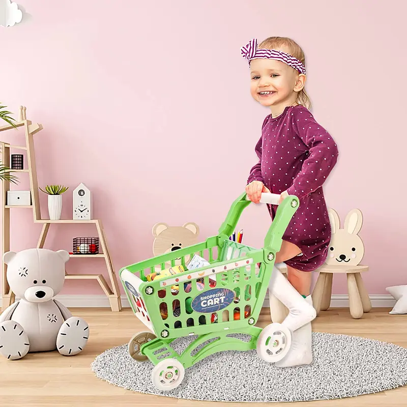 deAO Kids Shopping Cart Toy - Easy Assemble Supermarket Playset with Groceries, POS Machine, Plastic Money & Credit Cards, Educational Role Play for Ages 3+ 2