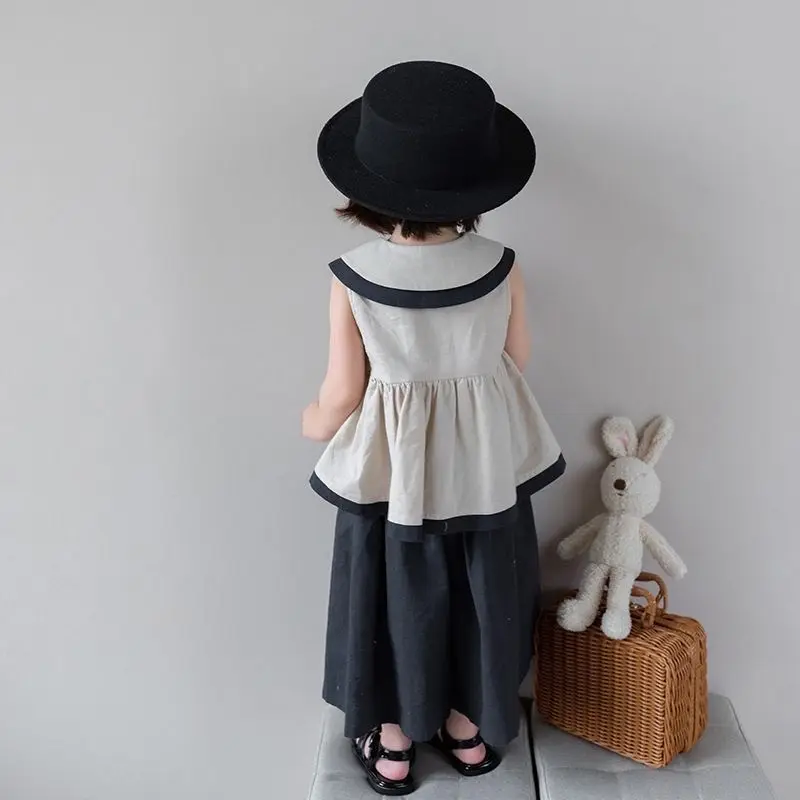 Set áo Sơ Mi cotton Lanh Cổ Búp Bê Không Tay Màu Trơn Kèm Quần ống rộng Thời Trang Mùa Hè Phong Cách Mới Dành Cho Bé Gái Cổ Tròn Shirt set đồ 1