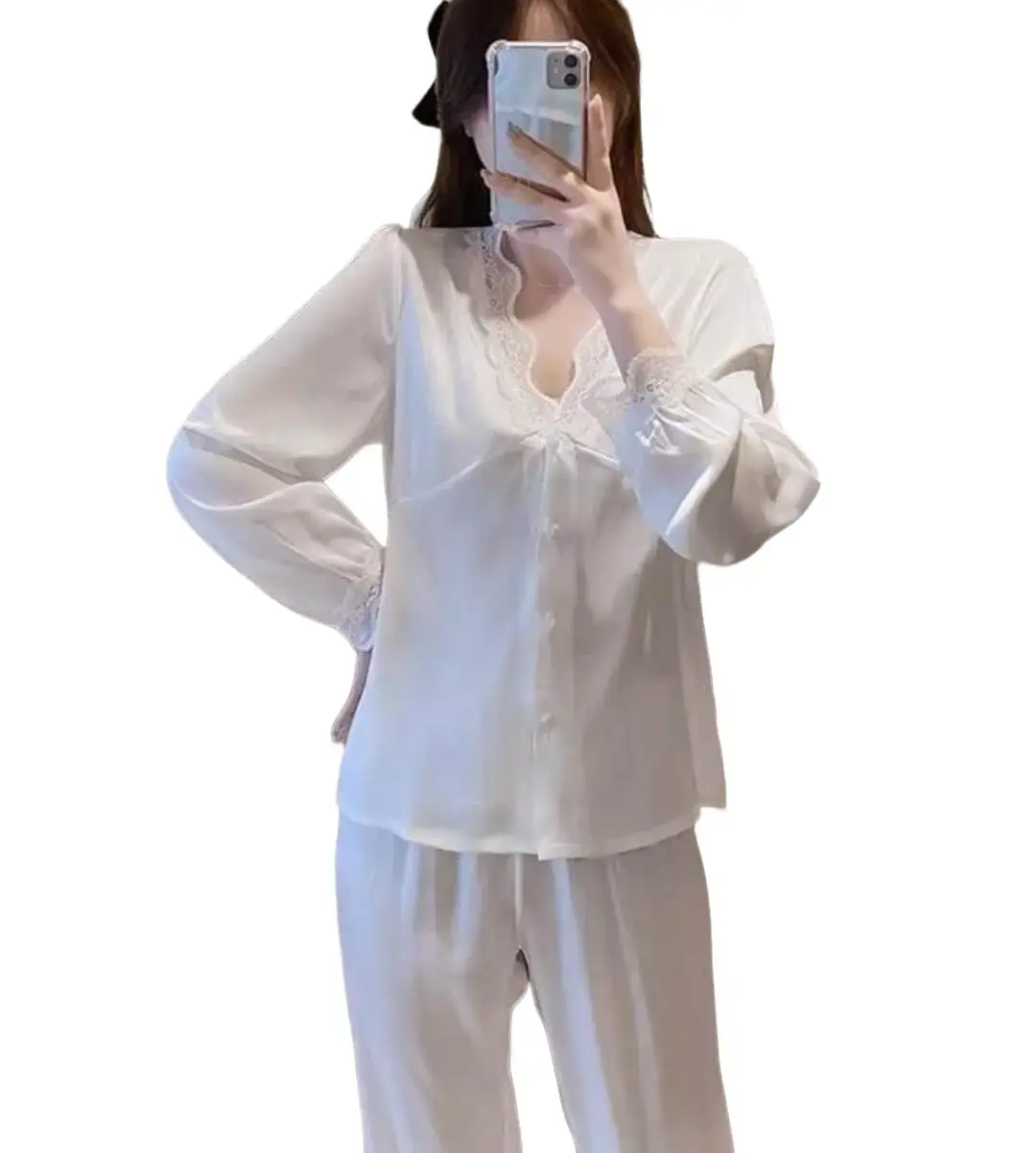 Mã 209- pijama dáng trơn - bộ ngủ mặc nhà  lụa qc cao cấp Nữ Kem Áo Voi