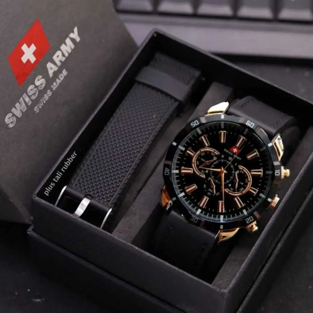 (BISA COD) JAM TANGAN PRIA SWIS KULIT PAKET FREE 1 TALI KARET CHRONO VARIASI FREE BOX ANALOG QUARTZ TAHAN AIR Watches
