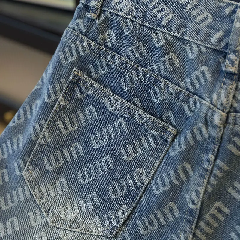 Quần Jean quét đất nhà thẳng in hình, dành cho phụ nữ, thiết kế mới đẹp, chữ Jacquard, quần ống rộng Dáng Rộng thích hợp cho mùa thu, năm 2025 Pants 7