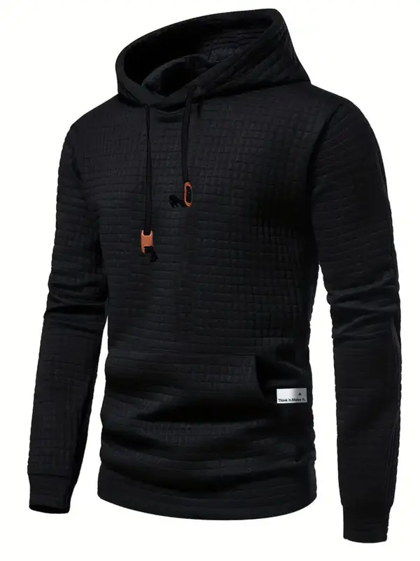 Men's Regular Fit Textured Letter Patched Drawstring Hoodie, Casual Long Sleeve Pocket Hooded Sweatshirt for Spring, Fashion Men's Clothes for Daily Wear, Streetwear, Hoodies,  Mens Clothing 3