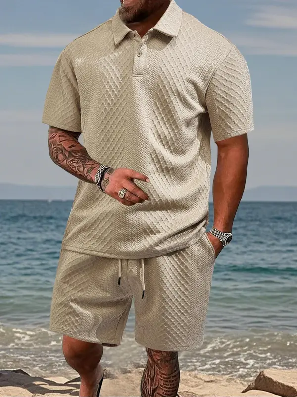 Men's Solid Shortsleeve Polo Shirt & Drawstring Waist Shorts Set, Casual Cozy Breathable Two-piece Outfits for Tropical Daily Outdoor Wear, Men Clothes for Summer Beach, Menswear, Summer Clothing Set 5