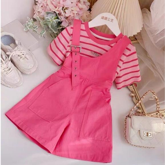 Quần yếm bé gái 15-55 catties bộ đồ ngắn tay hai mảnh phiên bản Hàn Quốc mùa hè 2023 cho bé gái