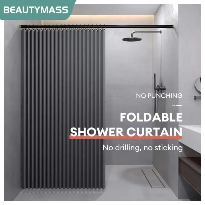 【24h Ship】High Quality Bathroom Shower Curtain Makapal Waterproof With Rod Adjustable Set Washable bathroom curtain Resistant Magnetic Linen