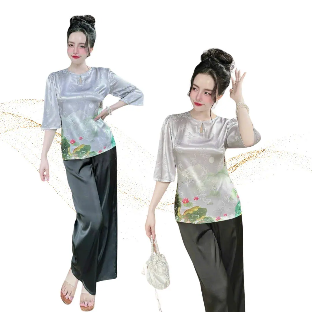 L12 Set Lam Pháp Phục Áo Lụa Gấm Cao Cấp Phối Quần Latin, Túi Quần Sâu Rộng Thoải Mái, Lưng Thun Co Giãn bộ  ngủ Women