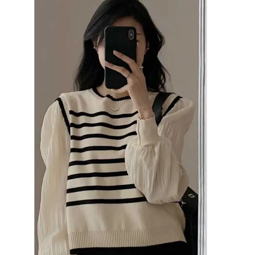 Vest rompi rajut Atasan sweater list Blouse stripe wanita Outer leher O-neck Shop knit style korea Luaran modis remaja