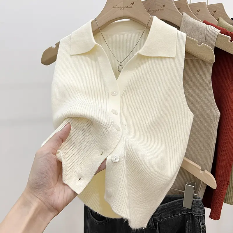 Áo Ghi Lê Dệt Kim Lụa Lạnh Áo Ghi Lê Nữ Mùa Hè Sang Trọng Không Tay Áo Lửng Dệt Kim Eo, Ve Áo Polo, Mỏng Và Mỏng, Dây Đeo Spaghetti Áo Mặc Bên Ngoài, Cỡ Nhỏ