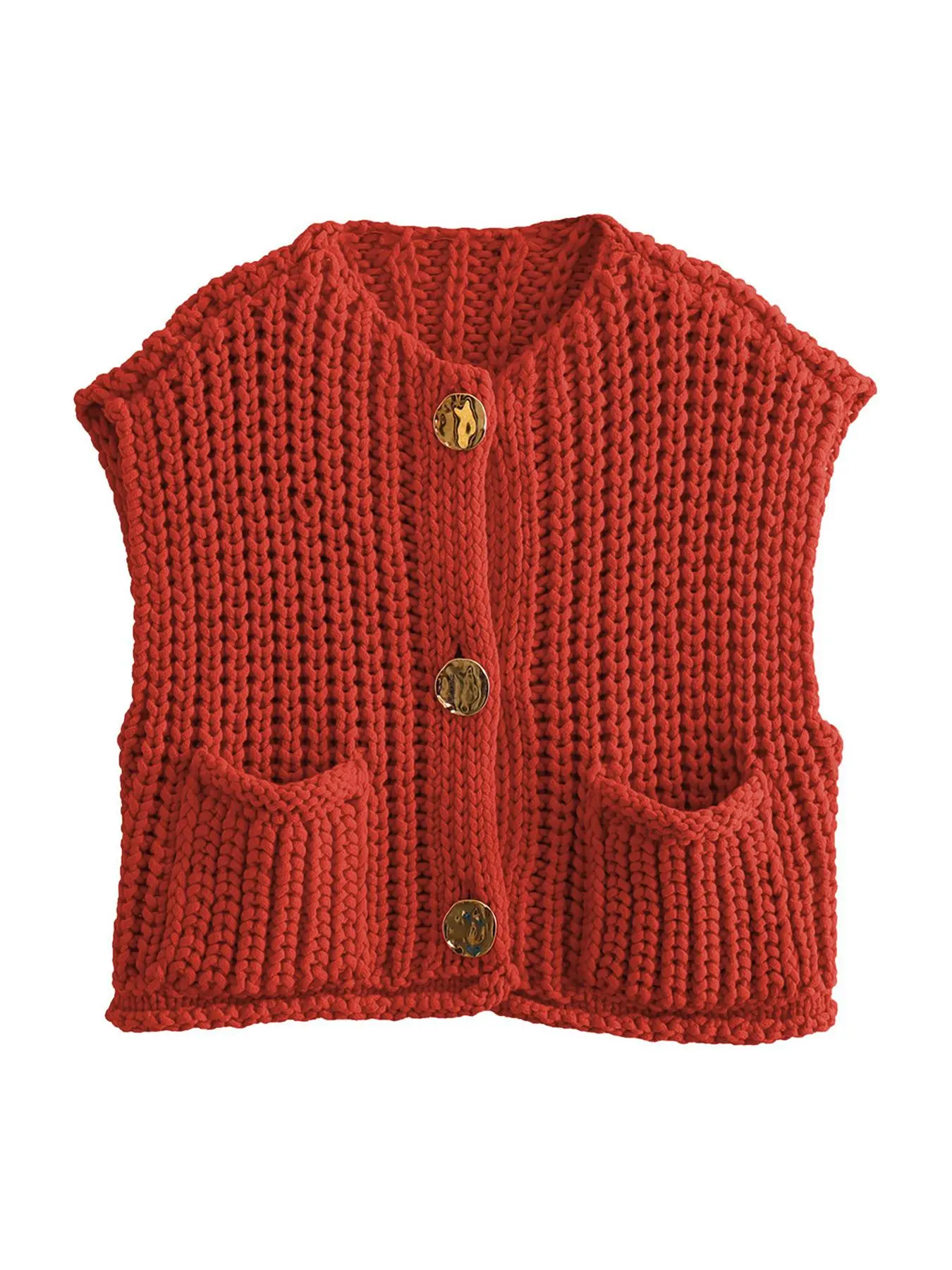 Women's Plain Button Front Pocket Sleeveless Workwear Cardigan, Casual Round Neck Sweater Vest for Spring & Fall, Fashion Women's Knit Clothing for Daily Wear, Tall Clothing Women, Tops for Women