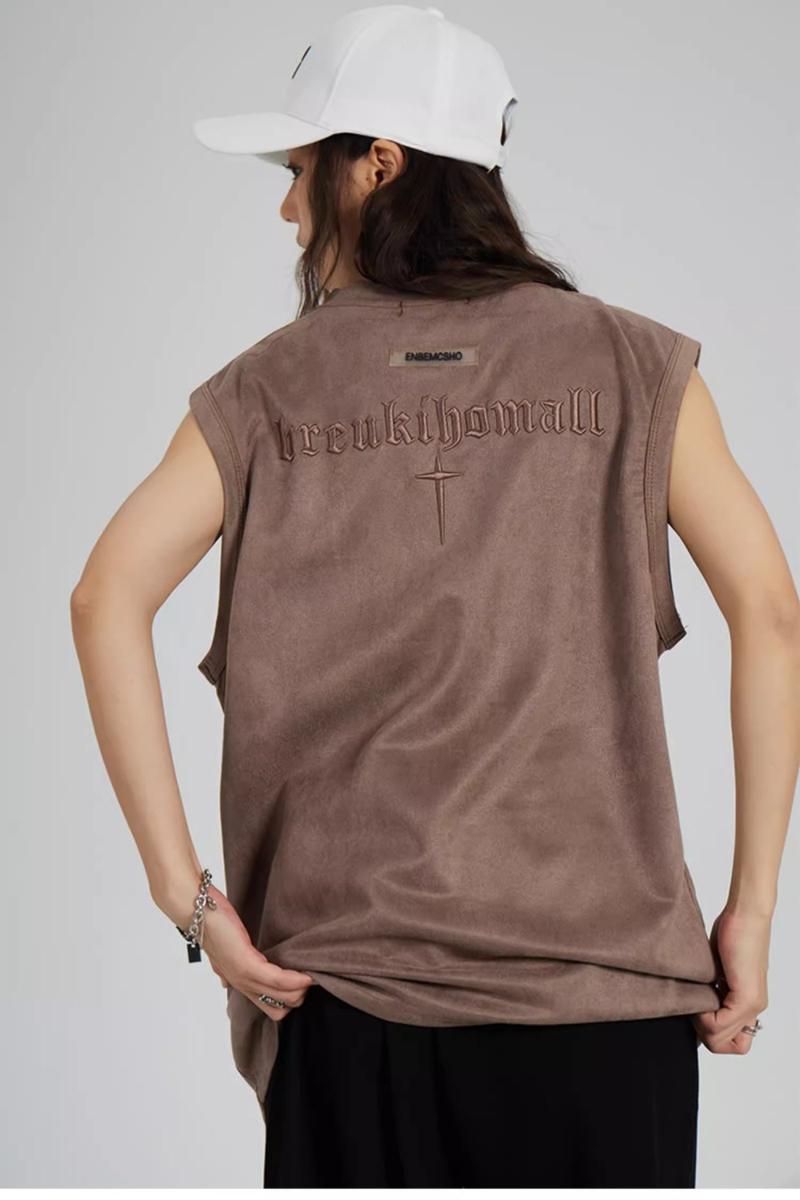 Product Introduction of American Style Sleeveless Vest for Men Summer Suede Embroidered Tank Top Trendy Loose Sports Shirt 14