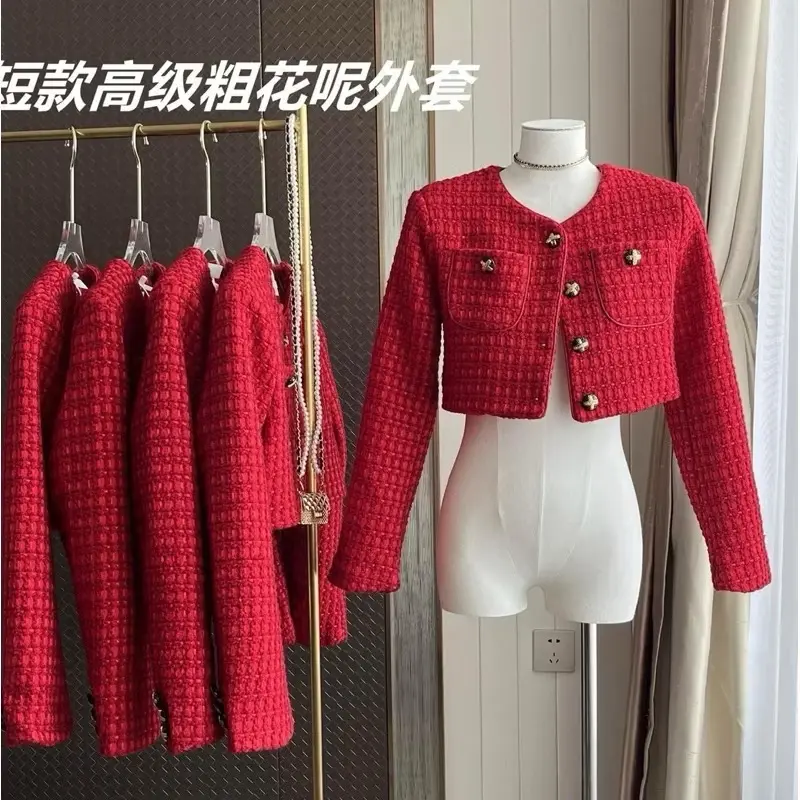 ￼Áo Dạ Tweed Dáng Ngắn Cổ Tròn Màu Đỏ Hàng Quảng Châu Cao Cấp áo khoác
