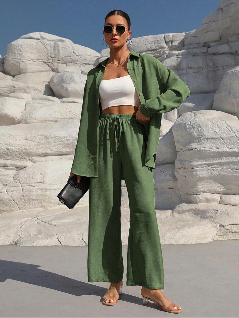 Product Introduction of WOMEN'S solid button front shirt & tie front wide leg pants two-piece set; casual drop shoulder long sleeve top & high waist settee 2 piece set for spring & Fall, WOMEN'S lounge clothes for daily wear 4