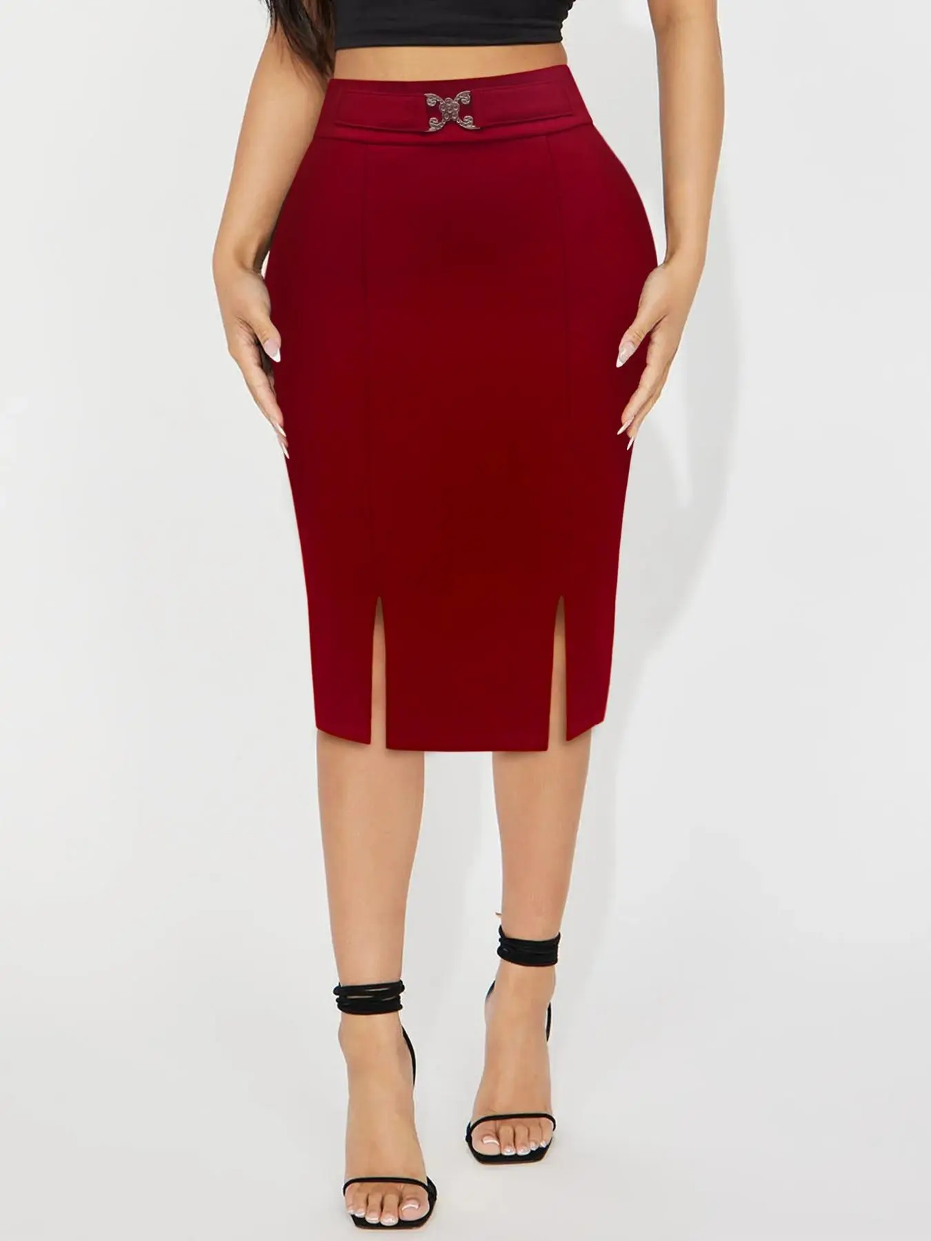 Women's Plain Metal Decor Split Hem Pencil Skirt, Elegant High Waist Knee Length Skirt for Daily Wear, Ladies Bottoms for All Seasons