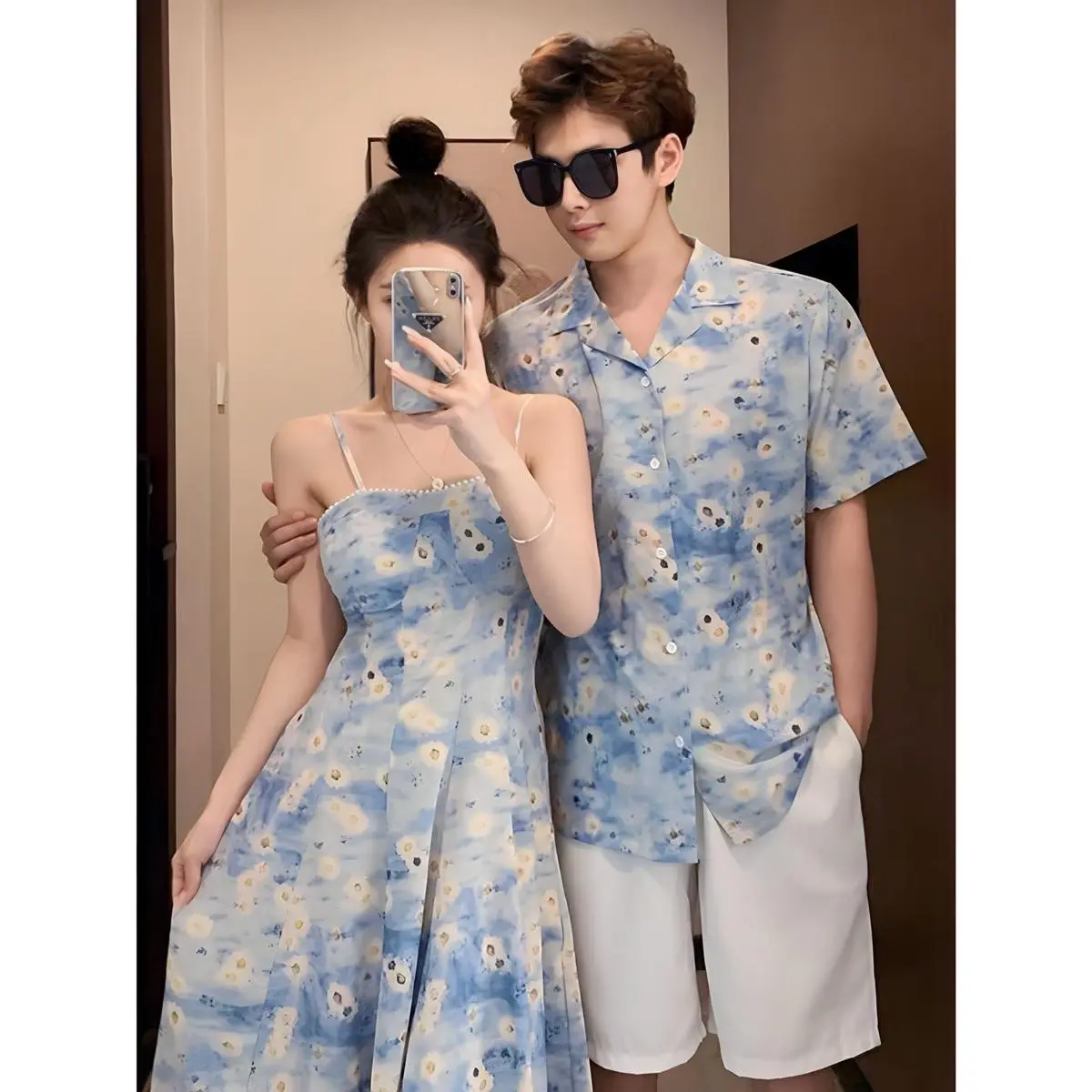 Đồ đôi nam nữ đi biển xanh hoa thời trang Áo Sơ Mi Women Women Women Top Quần Ngủ