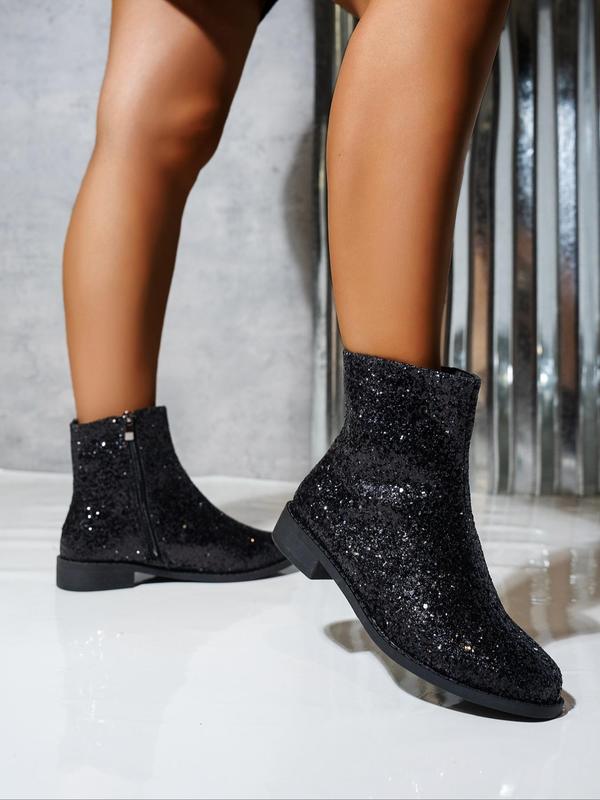 Women's Glitter Zipper Design Ankle Boots, Elegant Round Toe Chelsea Boots for Fall & Winter, Female All-match Trendy Shoes for Daily Wear Girl Footwear 5