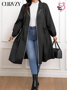 CURVZY Plus Size Solid Bishop Sleeve Zip Up Hooded Jacket, Casual Long Sleeve Pocket Outerwear for Spring & Fall, Women's Clothes for Daily Wear