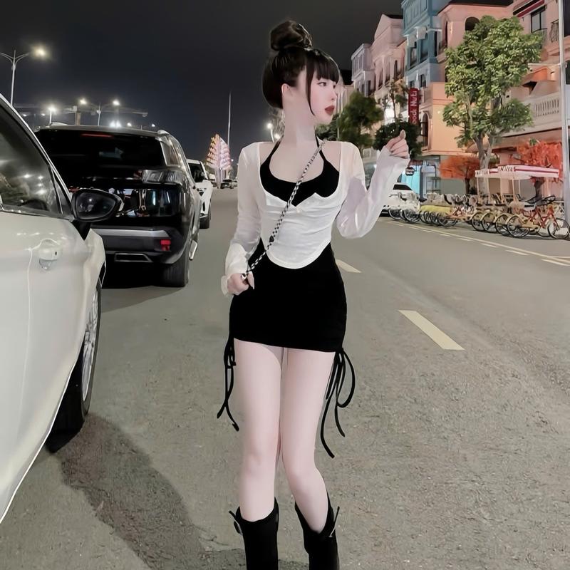 Đầm bodi rút dây chất borip kèm khoác ngoài thun gân thiết kế năng động trẻ trung cho nữ váy  body Women Kem