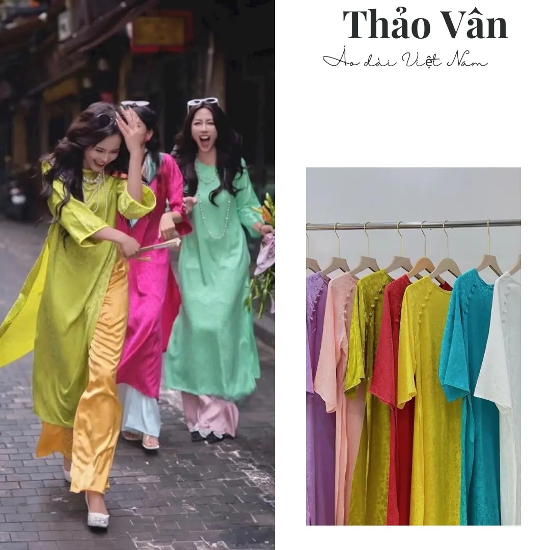 Set Áo Dài Cách Tân Gấm Tơ Cổ Tròn Xuông Đủ Màu, Dáng Lửng Mặc Lễ Tết , Đi Chơi-  - Áo Dài Thảo Vân Nữ Kem Women Dress