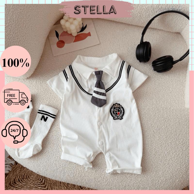 Body công tử đùi bé trai kèm cà vạt Không kèm tất 4-11kg. Bodysuit bé trai chất tăm lạnh mặc đầy tháng thôi nôi. Stella Boutiques