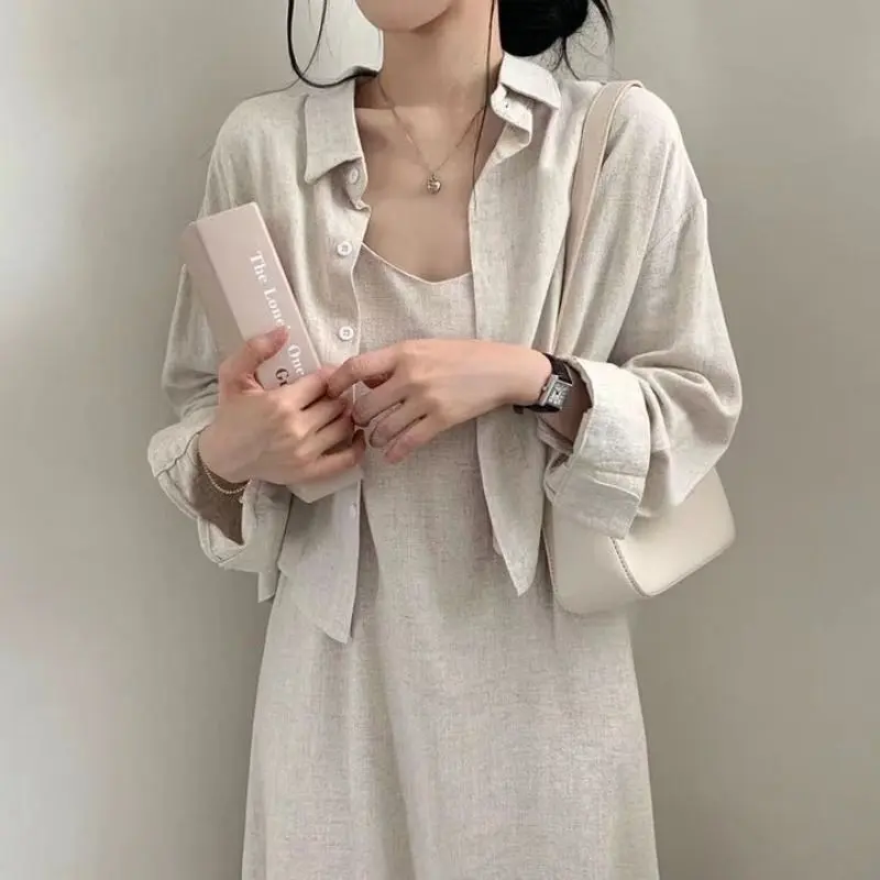 Bộ Hai Mảnh Cho Nữ, Phong Cách Sang Trọng Hàn Quốc, Váy Hai Dây Thanh Lịch Và Gợi Cảm, Thích Hợp Cho Mùa Xuân Và Mùa Thu, Phong Cách Thanh Lịch Và Trẻ Trung, Áo Sơ Mi Áo Khoác Women Top Tre