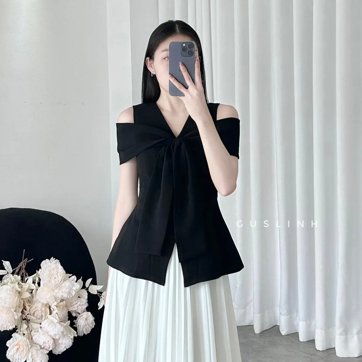 Áo kiểu nữ dáng peplum tay rút phối nút thanh lịch Women