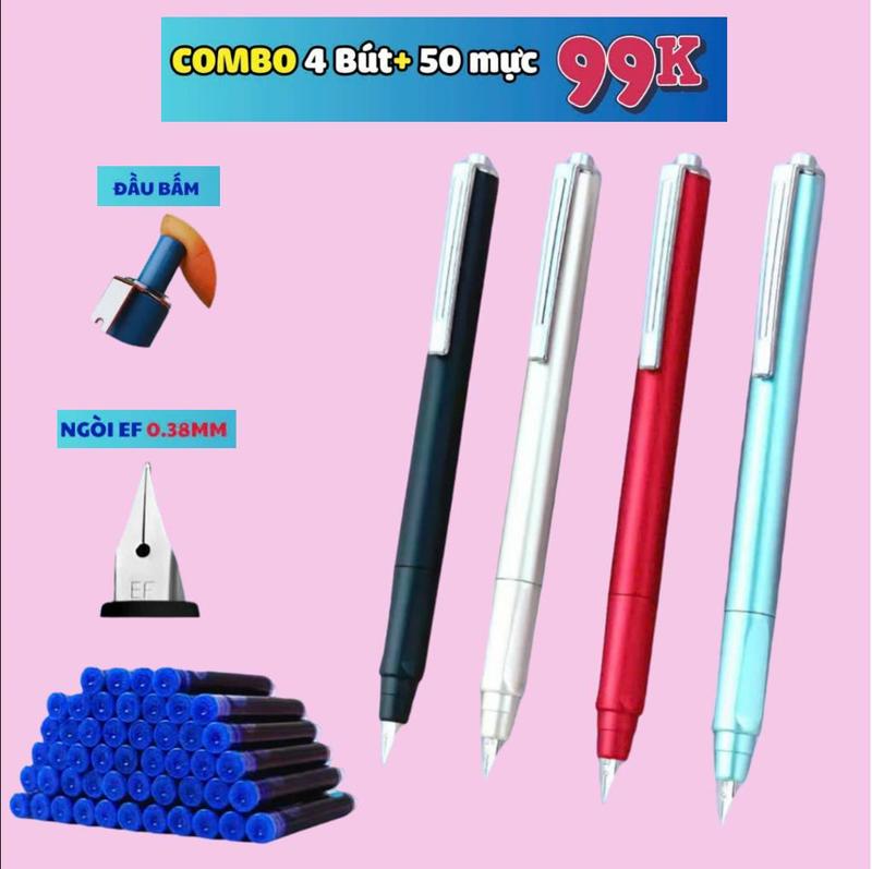 Sét 4 Bút máy bấm ngòi EF (Tặng 50 ống mực khô 5 màu+pitong bơm) bút sử dụng cả mực khô và mực lọ