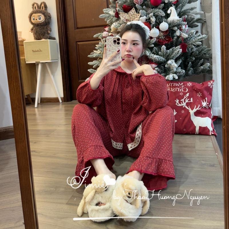 Bộ ngủ đỏ hoa nhí chất xô muslin đồ ngủ nhà Vani