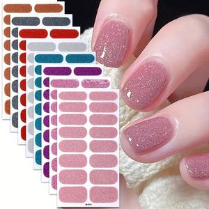 8 Hojas de Tiras de esmalte de uñas de envoltura completa, Calcomanías para uñas de gel autoadhesivas con brillo, Kit de manicura casera para mujeres