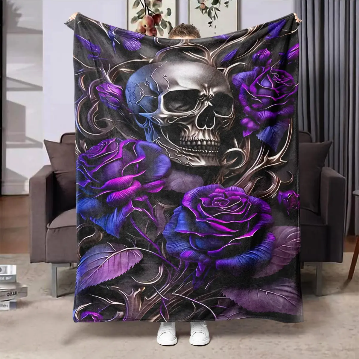 Skull & Rose Pattern Blanket, 1 Count Soft Warm Throw Blanket, Air-conditioned Room Blanket, Warm Nap Blanket for Home Office Camping Travel