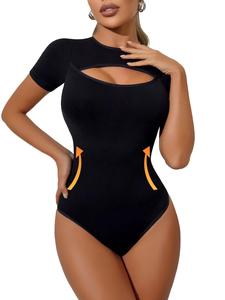 Women's Solid Short Sleeve Cut Out Shapewear Bodysuit, Casual Comfy Tummy Control Butt Lifting Shaper, Ladies Shapewear for All Seasons