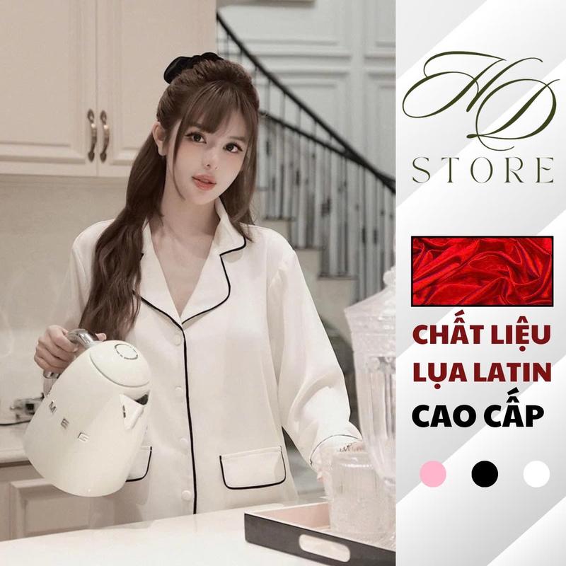 Đồ Bộ Cao Cấp Mặc Nhà Tiểu Thư Lụa Mịn Latin Mềm Voi Áo Nho Phối Viền Nữ Màu Trắng và Màu Đen ( Dưới 56kg ) Nhung bộ ngủ - HD STORE