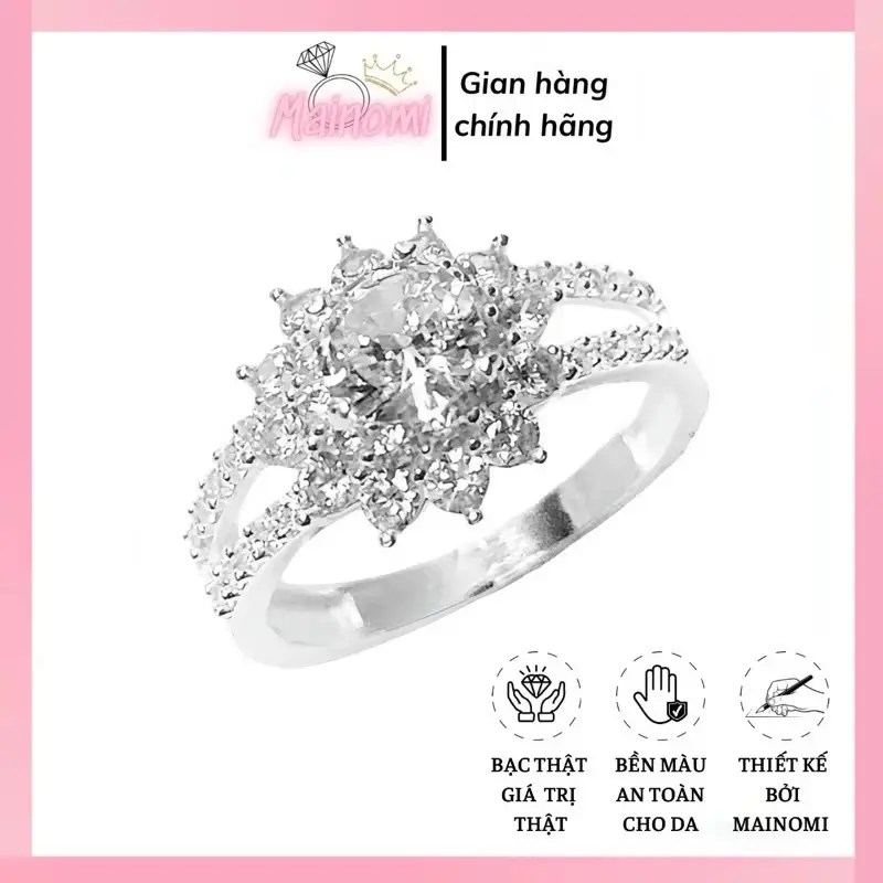 Nhẫn nữ bạc ta MAINOMI hoa thược dược 2 hàng đá cách điệu