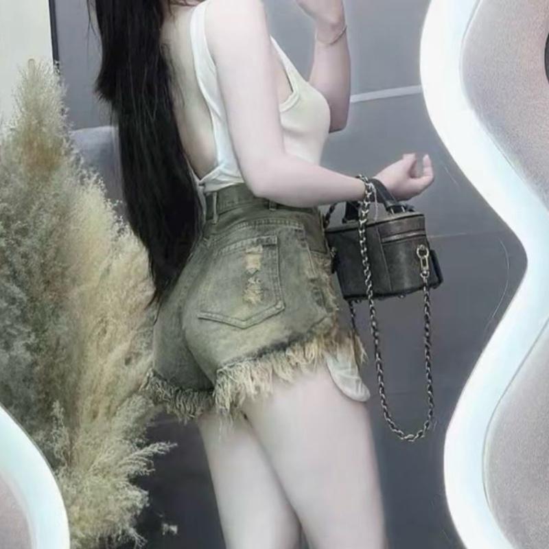 Quần shorts jean đùi nữ 2 màu Xanh Bụi rach kiểu 3 đường lộ túi vải lưng cao thời trang denim Women nữ_Sz SML 6