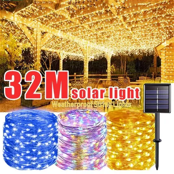 Lampu Hiasan Suria, 300Led, Diperbuat daripada Bahan Tembaga, Kalis Air, Tersedia dalam 7M / 12M / 22M / 32M, 8 Mod, Sesuai untuk Hiasan Krismas dan Ramadan, Lampu Hiasan Raya.