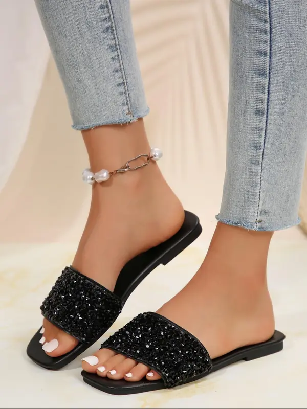 Women's Rhinestone Decorated Slide Sandals, Casual Slippers, Comfortable Flat Sandals for Beach Vacation, Fashionable Shoes for Daily Wear 5