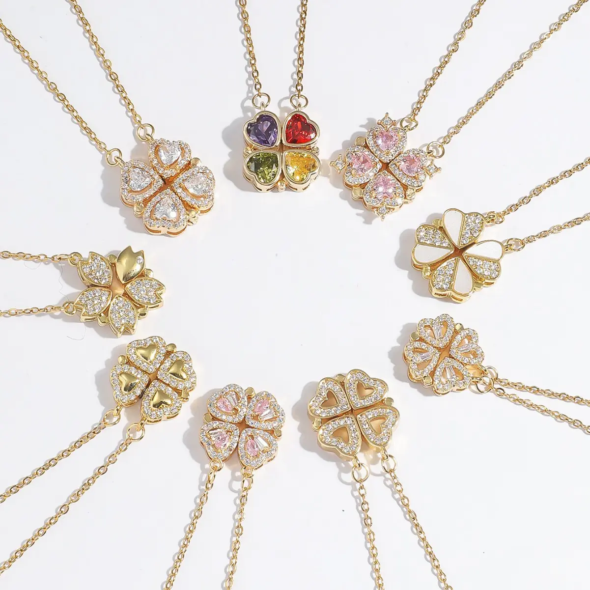 Women's Necklace New One Style for Dual-Wear Heart-to-Heart Open and Close Four-Leaf Flower Necklace Fashionable All-Match Heart Folding Clavicle Chain