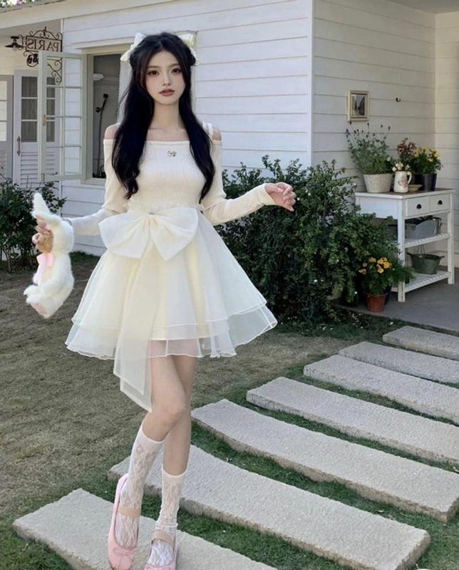 ĐẦM BẸT VAI TAY DÀI DÁNG XOÈ PHỐI NƠ Nữ Voi Women Voan Dress