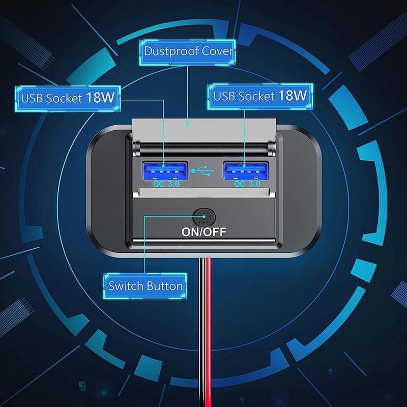 Product Introduction of Quick Charge PD Type C Dual USB Ports Car Bus Charger Socket Adapter 12V/24V USB Power Panel F7C2 50