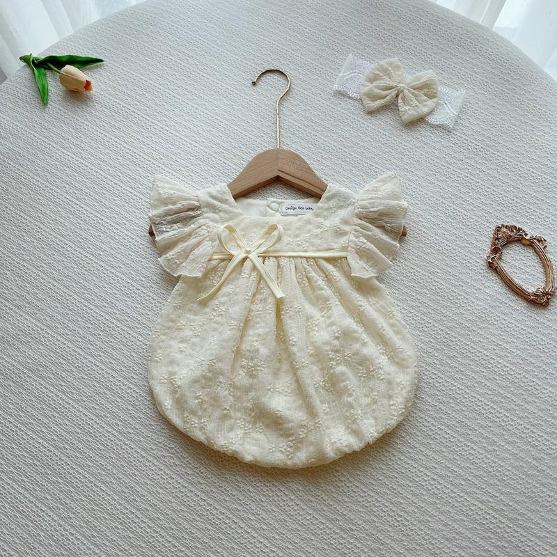 Body Váy Màu Kem Đính Ngọc Kèm Tuban Cho Bé Gái Sơ Sinh Đầy Tháng Thôi Nôi size 3-12 kg Chất Ren Nhún Lót lụa