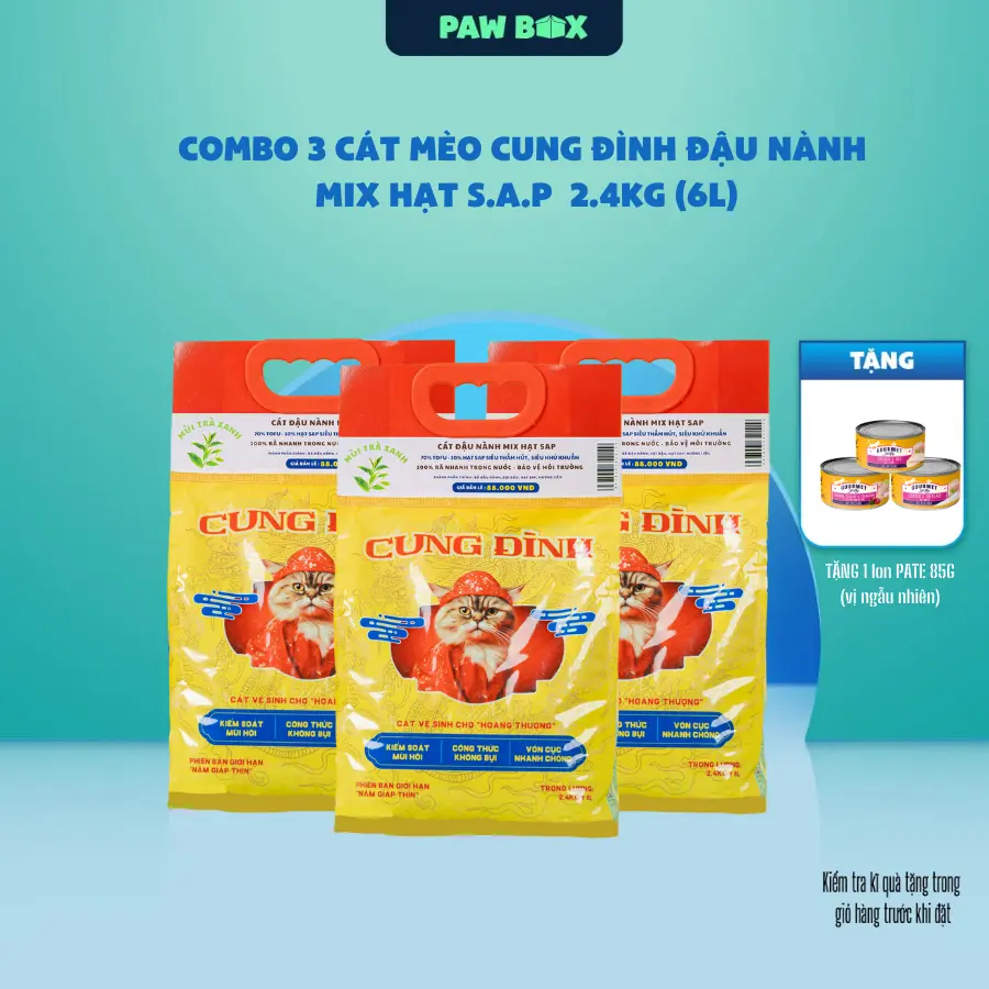 COMBO 3 Cát mèo Cung Đình đậu nành mix hạt S.A.P cho mèo xà toilet 2.4kg (6L)
