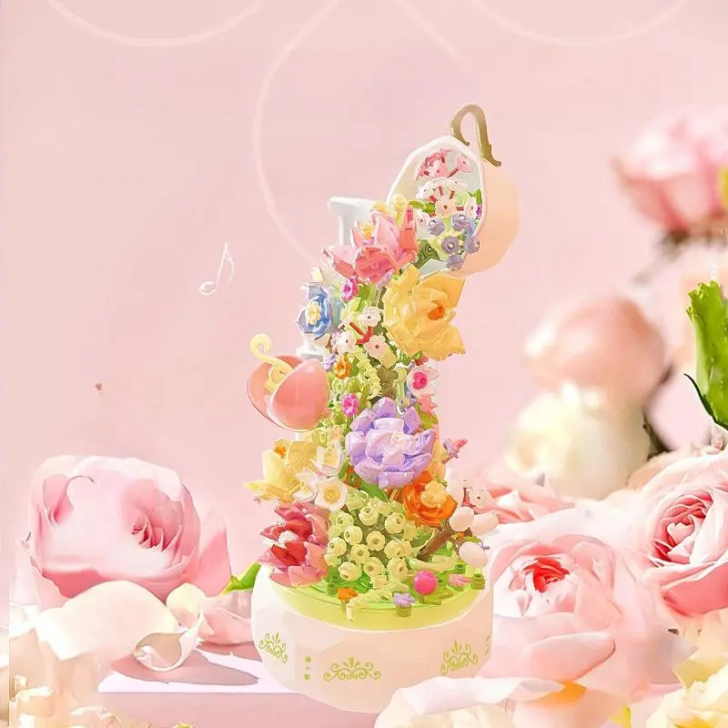 Flower Bouquet Music Box Building Blocks Toy Set, 575pcs/set Creative Flower Building Blocks Toy, Home Decor Toys, Gift for Kids
