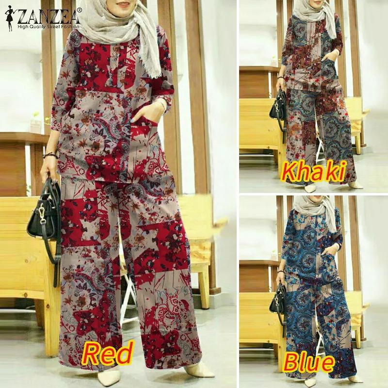 Product Introduction of ZANZEA Womens Muslim Cotton Printed Outfits 3/4 Sleeve Blouse Wide Leg Long Pants Loose Set Suit 7