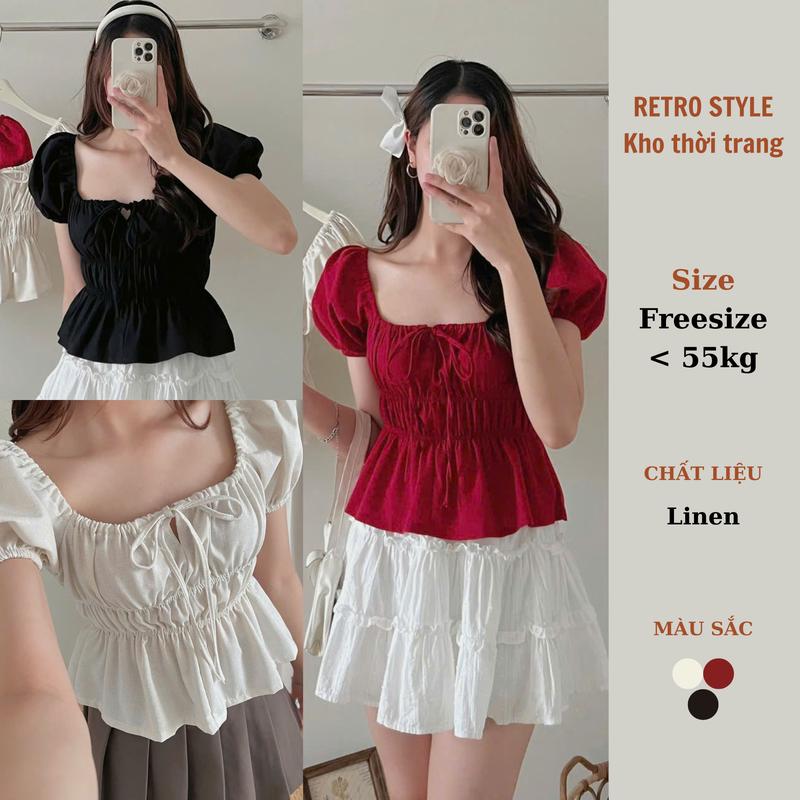 Áo babydoll linen kiểu xinh tay phồng tiểu thư công chúa bo thân nơ kiểu coquette ngực xinh xắn 581 Women Nữ